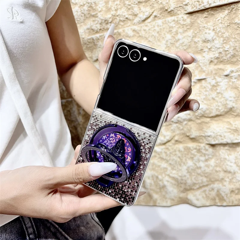 Korean Gradient Color Glitter Diamond Butterfly Stand Phone Case For Samsung Galaxy Z Flip 8 7 6 5 ZFlip7 ZFlip6 Cover Cartoon F