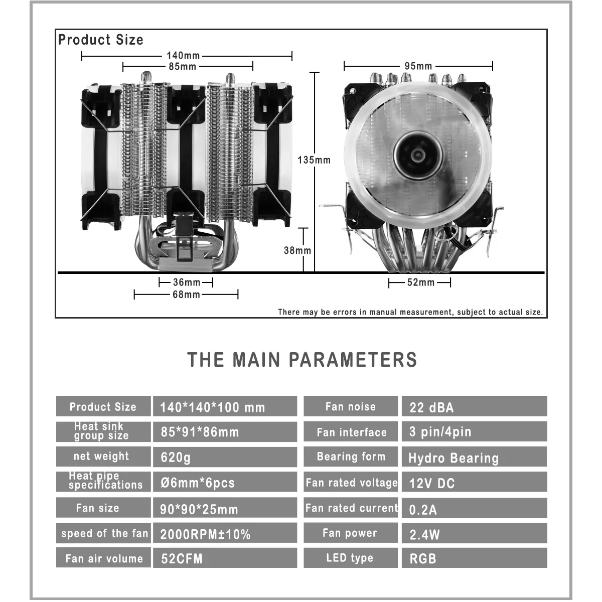 Air Cooler 6 Heatpipes 2 Fans IWONGOU Cpu Fan lga2011Radiator 4Pin Cooling Cpu Tower Cooler For Intel Lga1700/1366/1200  AMD AM4