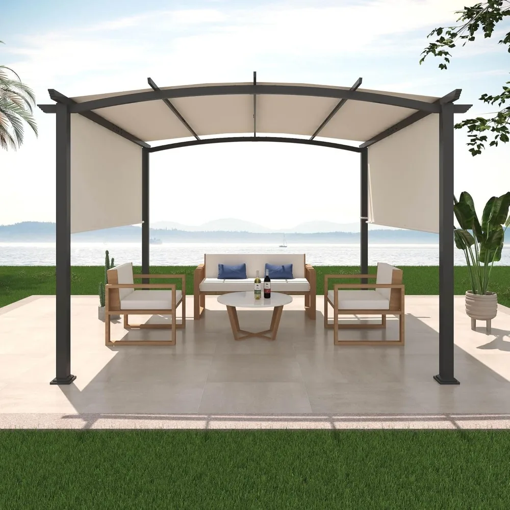 

Patio Pergola with Retractable Canopy and Weather-Resistant Steel Frame, Backyard Sun Shade Canopy Cover Shelter for Porch Party