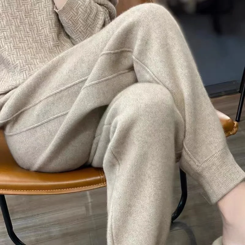 

Fall/winter 100% pure cashmere pants padded feet bunched radish pants casual knitted cashmere pants to keep warm.
