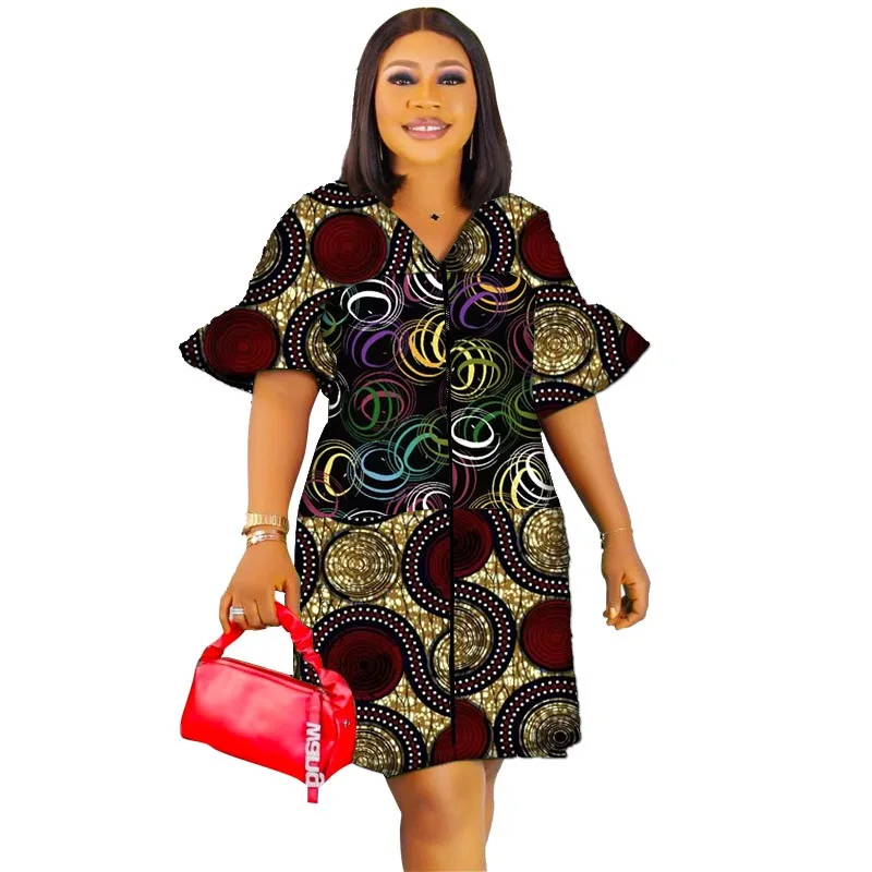 Pagoda Half Sleeve African Fashion Print Dress 2 Wax Patchwork Design Elegant Trumpet Women Ankara Outfit