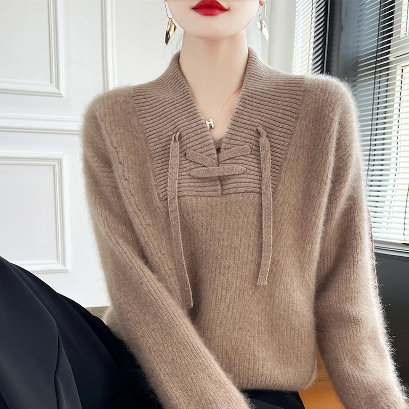 

New women's sweaters in autumn and winter 100% merino wool V-neck pullover fashion luxury solid color padded knitted cashmere sw