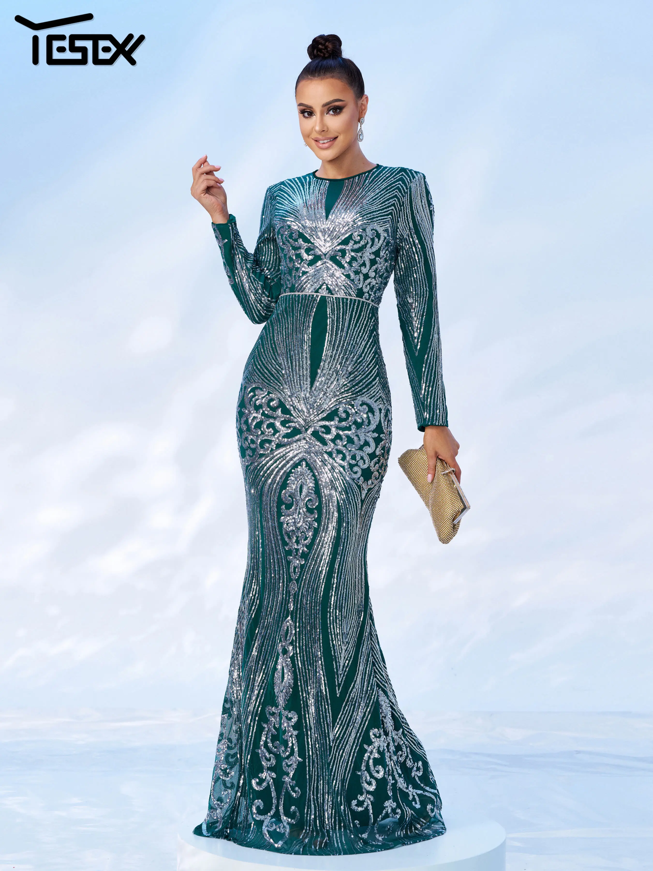 

Yesexy 2024 New Green Round Neck Long Sleeved Sequin Mermaid Evening Gown Formal Occasion Elegant Beautiful Women's Dress