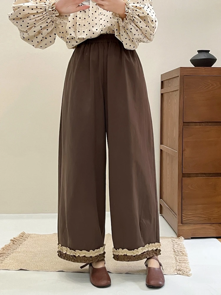 กางเกงขายาวทรงตรงเอวสูงผ้าฝ้ายเนื้อนุ่ม ดีไซน์ต่อผ้าแฟชั่นสำหรับผู้หญิง