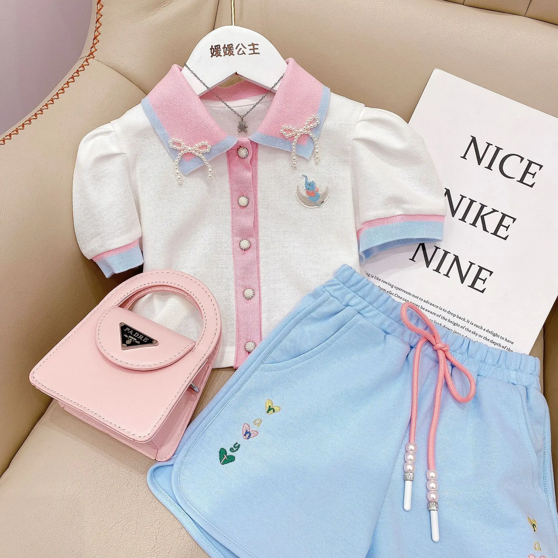 Retail New Baby Girls Korea Summer Sets, Polo T-shirt + Shorts. Fashion suits Girl 4-9 T