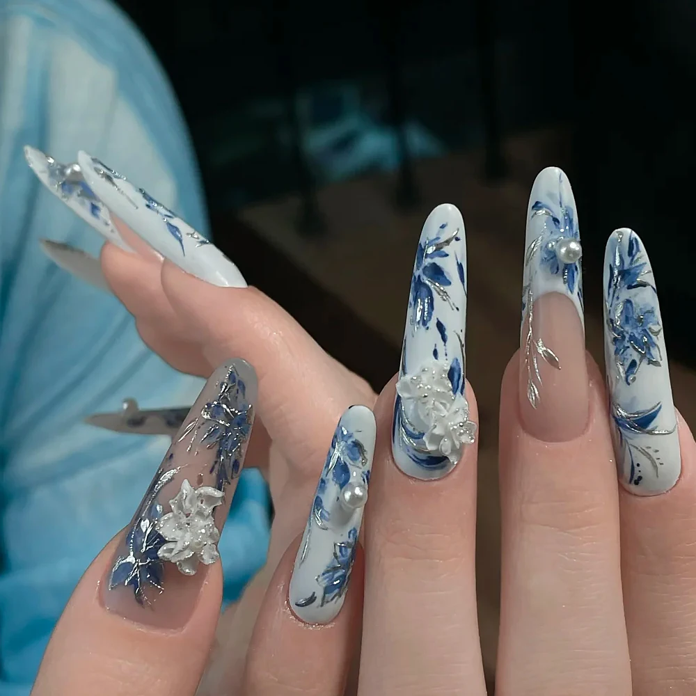 1 stks 3D Blauw Wit Porselein Chinese Stijl Nail Sticker Zelfklevende Blauwe vaas/raam bloem/pioen patroon Nail decals decor # 7@