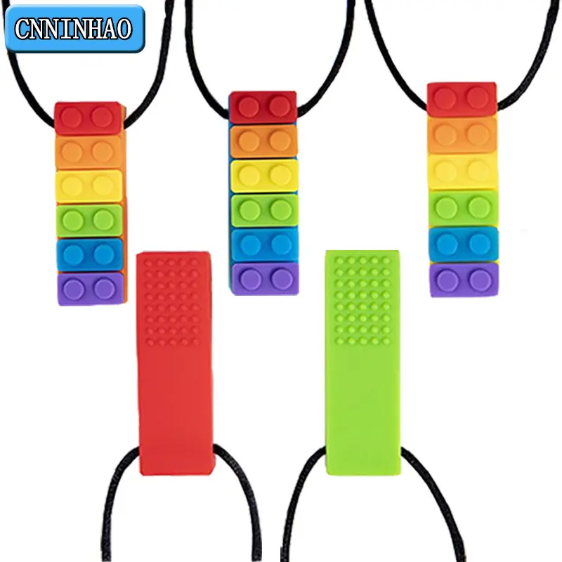 1Pcs Sensory Chew Necklace Bricks Chewy Kids Silicone Biting Pencil Topper Teether Toy Silicone Teether for Children With Autism