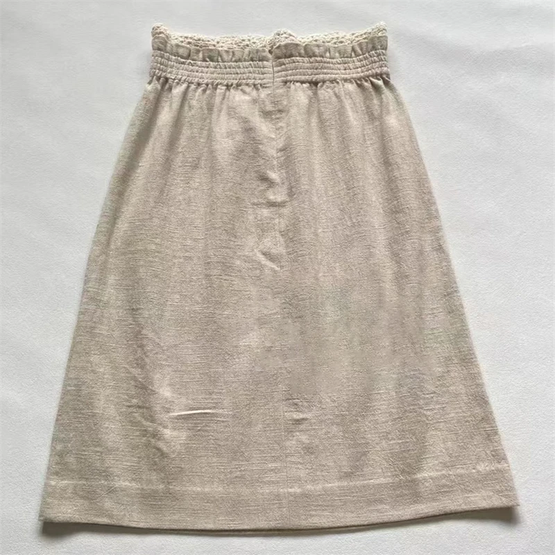 กระโปรงผู้หญิง กระโปรงยาวลูกไม้ปะติดปะต่อใหม่สำหรับฤดูใบไม้ร่วงปี 2025 ผ้าฝ้ายผสมป่าน กระโปรงทรงดินสอเอวยางยืดสำหรับผู้หญิง y2k