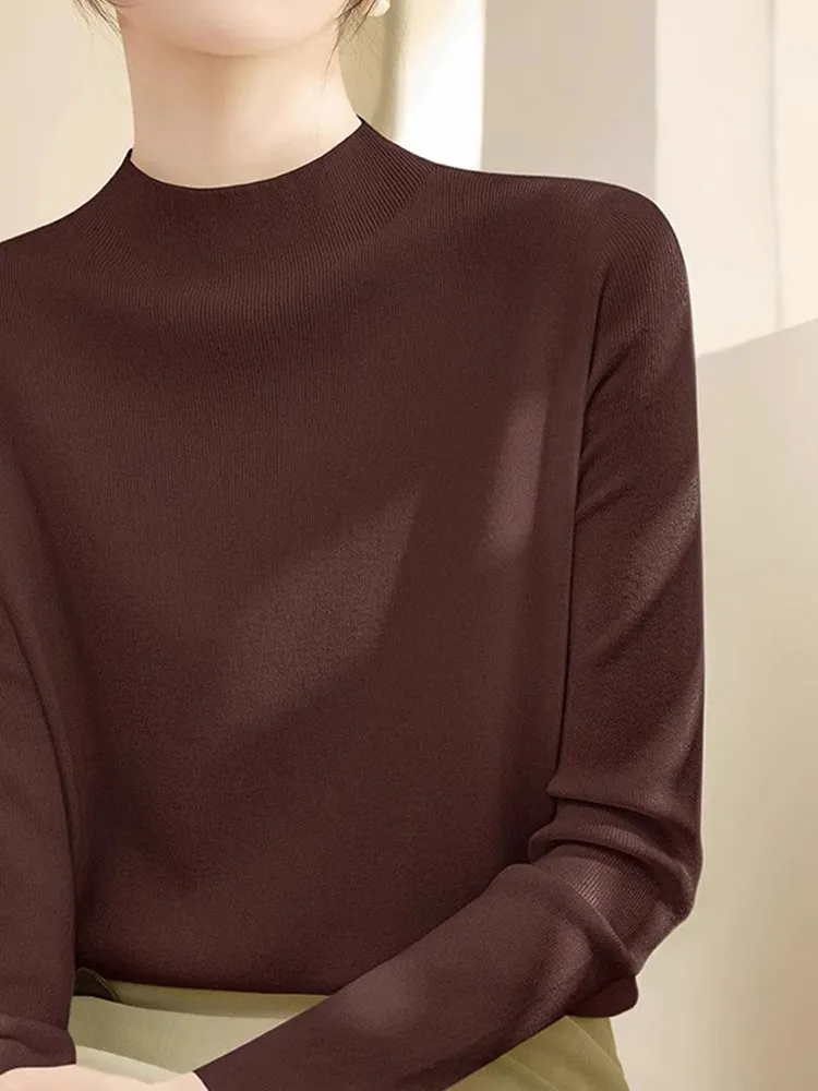 Damska dzianinowa bluzka Ele Color, długi rękaw, okrągły dekolt, dopasowany krój, bazowa warstwa, odzież wewnętrzna, modna, koreańska, elegancka.