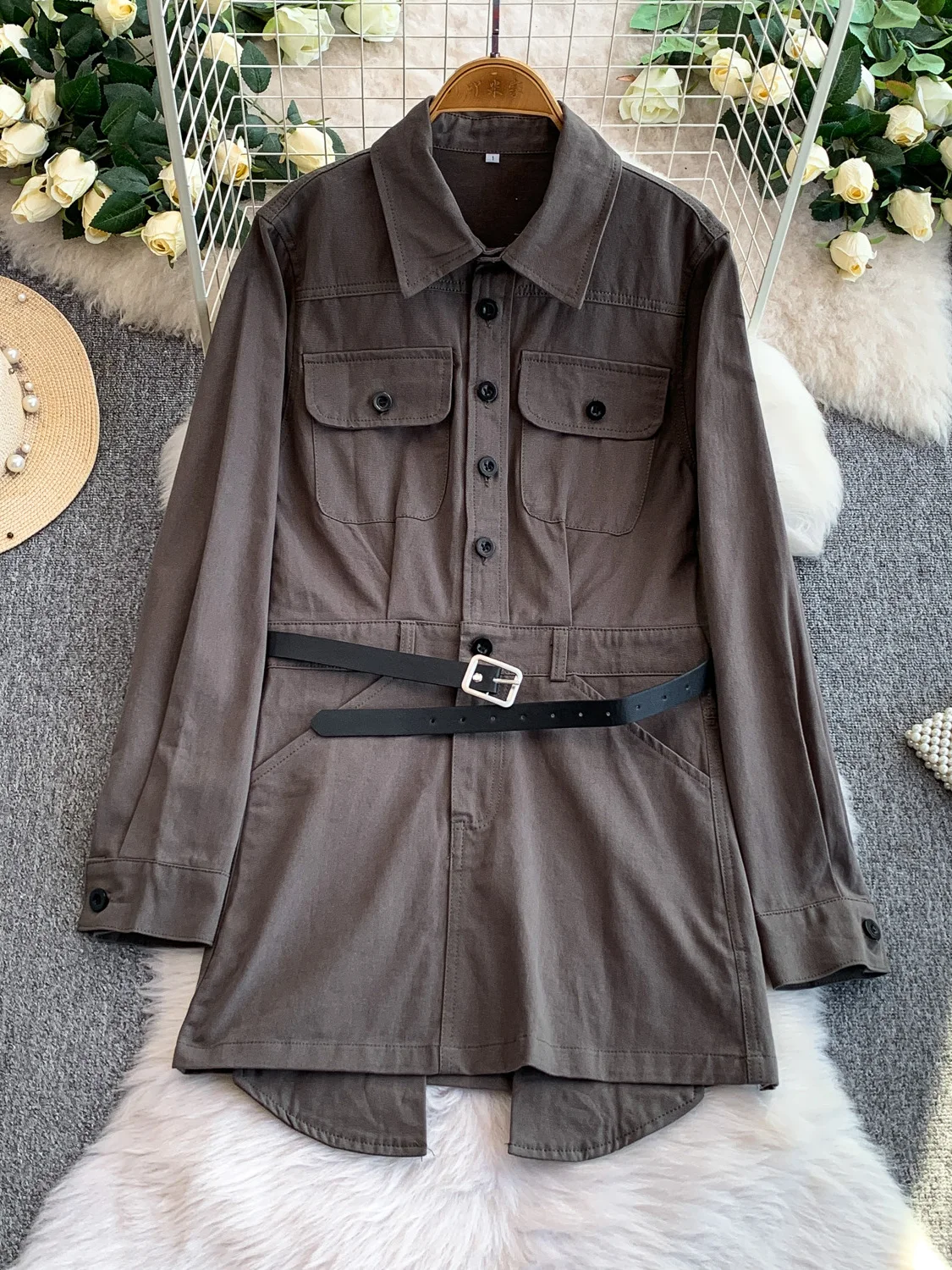 فستان SuperAen على الطراز الكوري بتصميم عتيق وياقة بولو من قماش الدنيم للنساء للخريف والشتاء فساتين قميص بخصر جديد برباط #3