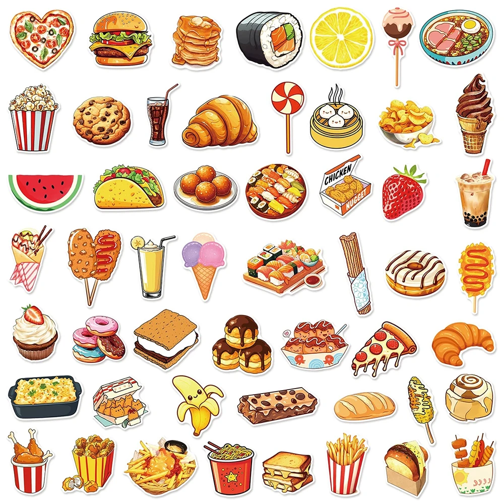 

10/30/50pcs Delicious Food Drink Snacks Cartoon Stickers Waterproof DIY Fridge Phone Luggage Diary Funny Graffiti Decals Decor
