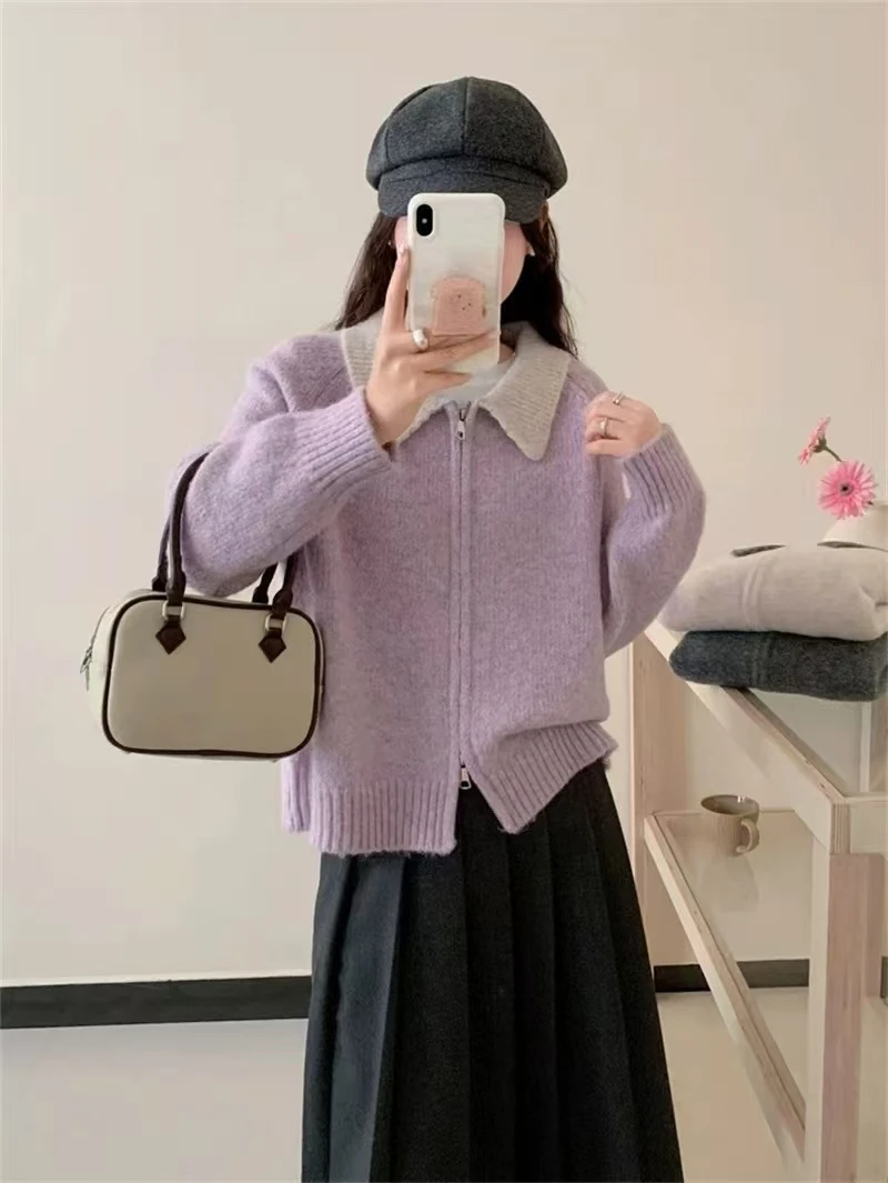 Lazy wind loose double zipper lapel cashmere knit cardigan sweater women's color matching small fragrance coat Joker top