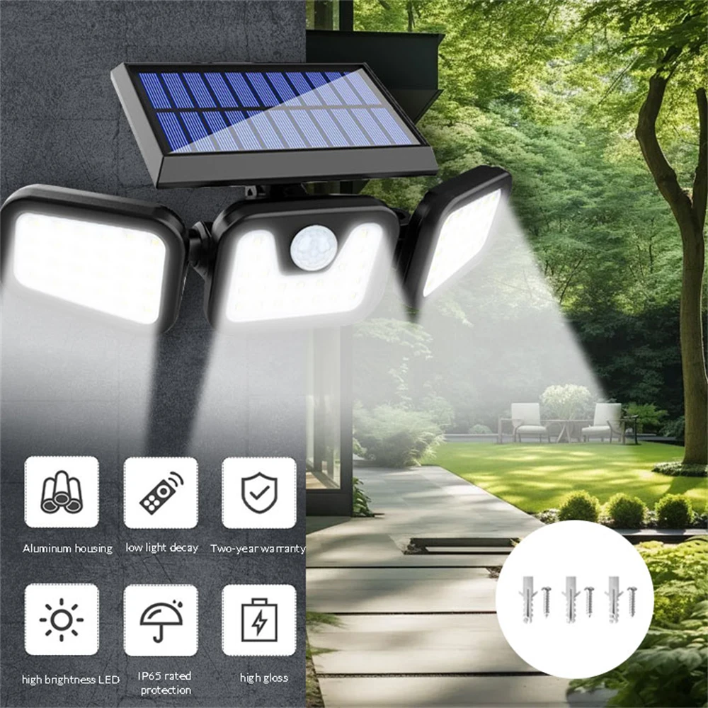 Lámpara Solar LED de pared para exteriores, luz de seguridad con Sensor de movimiento PIR, impermeable IP65, 3 cabezales, 74 LED