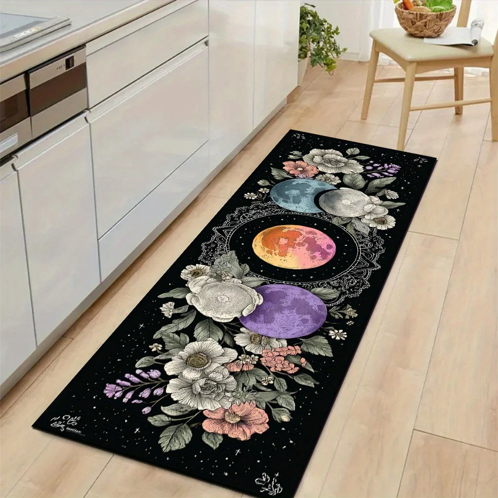 Mystic Boho Color Moon Phase Peony Floral Long Floor Runner Rug, Non-Slip Mat for Bedroom Entryway Bathroom Witchy Celestial