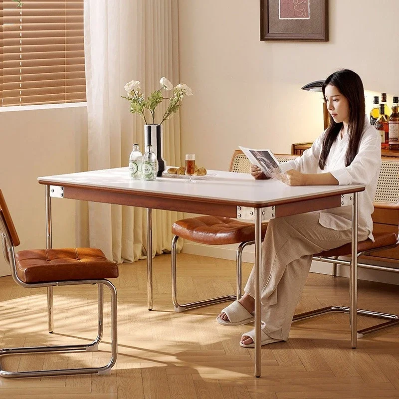 بلاطة الصخور المنزلية الحديثة شقة صغيرة أرجل الفولاذ المقاوم للصدأ اليابانية طاولة طعام وكراسي مستطيلة #2