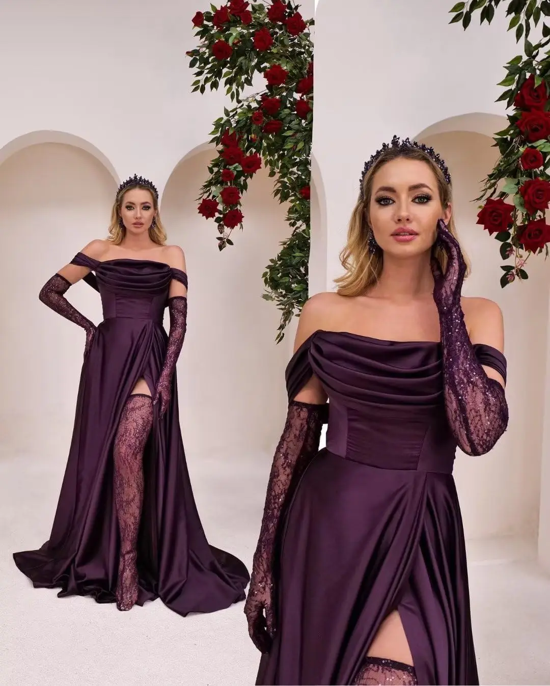 Mulheres fora do ombro cetim vestidos de dama de honra, Vestido de baile de seda longo com fenda, Vestidos formais para casamento