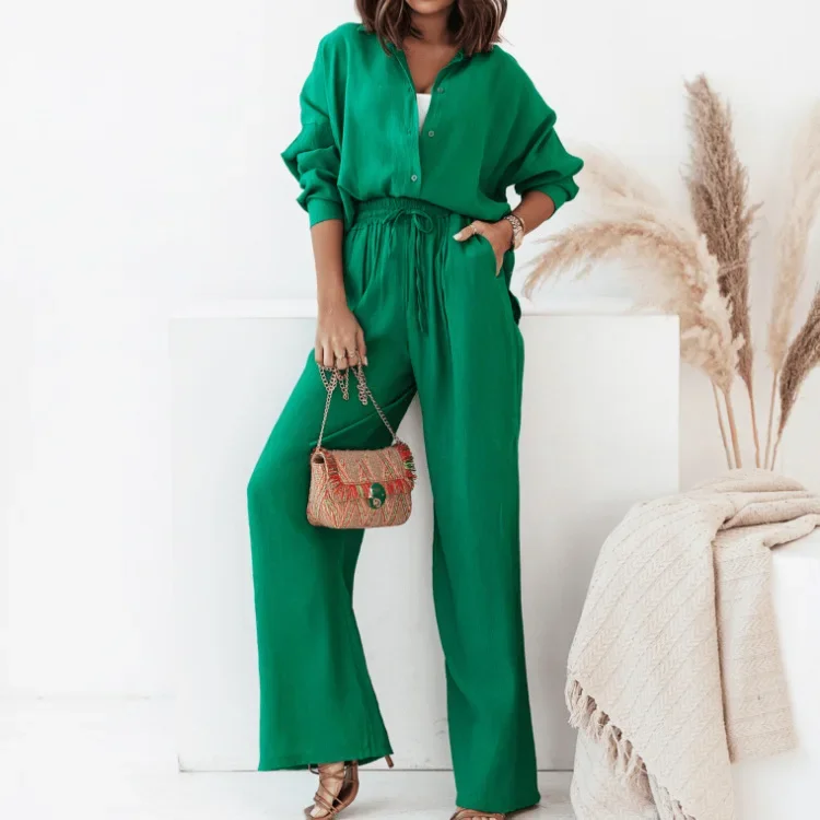 

Women Solid Two Piece Set Outfits Elegant Office Lady Blouse Shirt & Drawstring Pants Set Spring Summer Button Loose Simple Suit