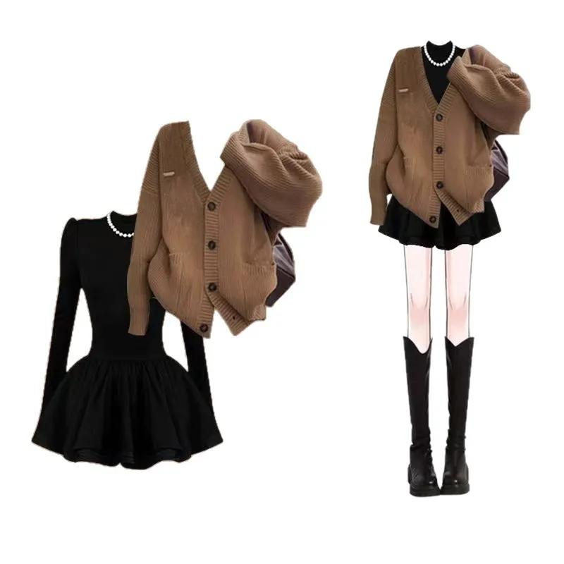 

Spring and Autumn Korean Version of Maillard Retro Fashion Knitted Cardigan+casual Dress Elegant Women's Two-piece Set