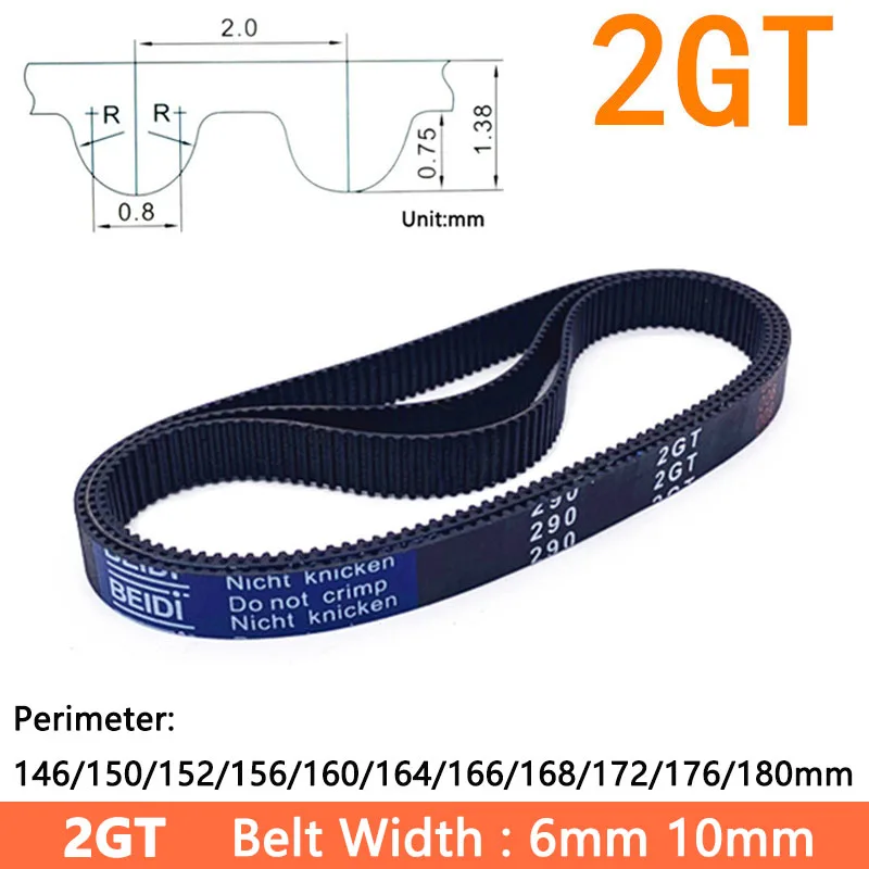 

2GT Timing Belt GT2 Rubber Closed Synchronous Belt Perimeter 146/150/152/156/160/164/166/168/172/176/180mm Width 6mm 10mm