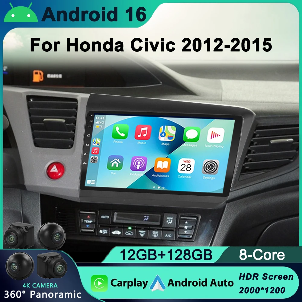 

9" 2 Din Android 16 Car Radio for Honda Civic 2012 2013 2014 2015 Multimedia Player 2din Carplay Stereo GPS DVD Head Unit