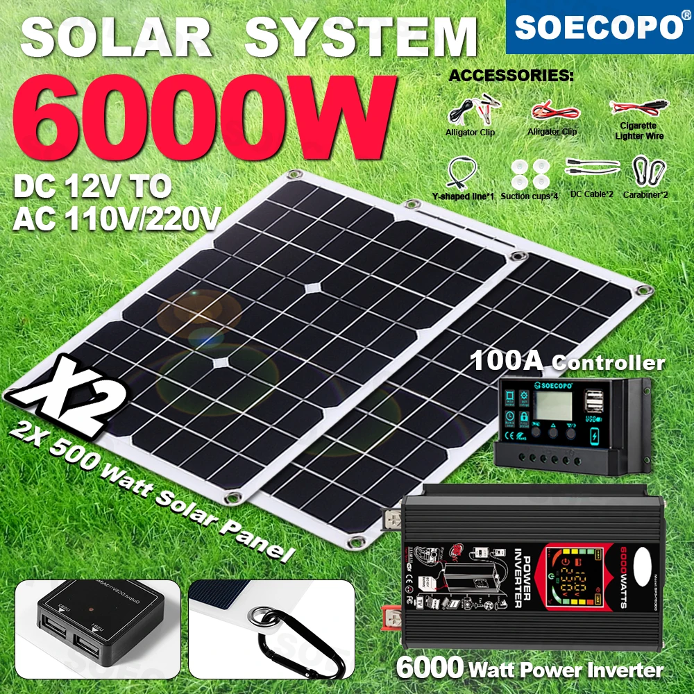 

SOECOPO DC 12 В - AC 110 В/220 В инвертор портативная солнечная система набор 2*500 Вт солнечные панели 100 А контроллер для кемпинга автомобиля дома