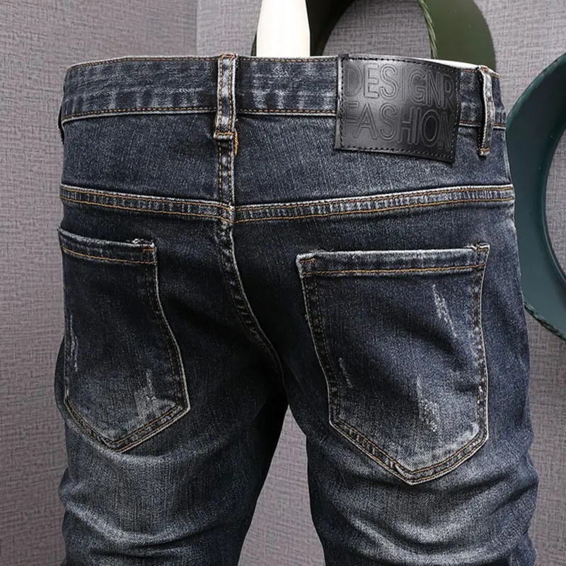 High Street Fashion Men Jeans Retro Dark Blue Stretch Skinny Fit Ripped Jeans Men Vintage Designer Denim Pencil Pants Hombre