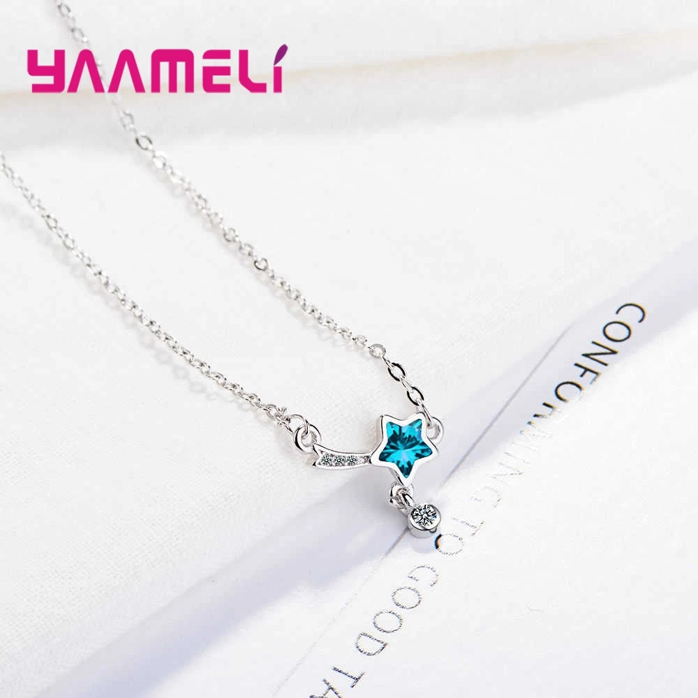 Delicate 925 Sterling Silver Blue Star Cubic Zircon Crystal Pendant Necklaces for Women Anniversary Party Fashion Jewelry Gifts