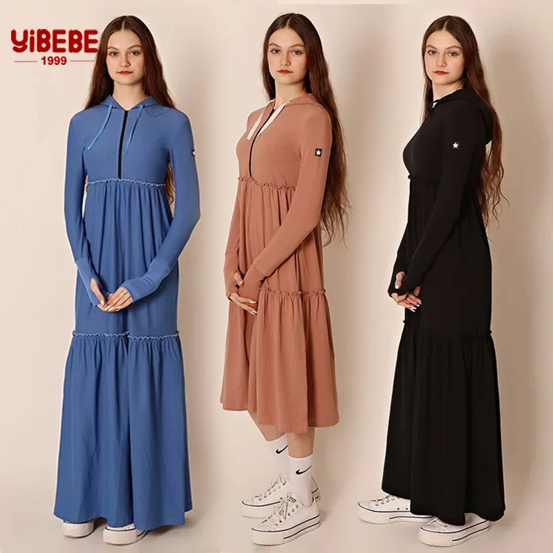 Vestido largo plisado de manga larga para mujer, jersey con capucha, ropa de primavera con cremallera, línea A, Midi, Maxi, para el dedo con