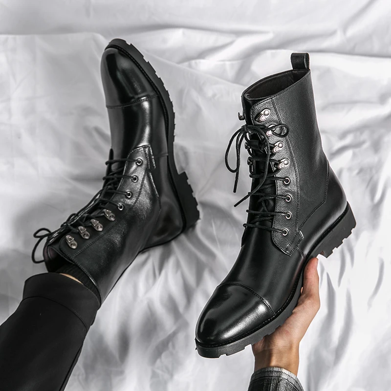 Autumn Winter Thick High Heels Platform High Top Boots Fashion Round Toe Lace-up Vintage Ankle Boots Genuine Leather Men Boots