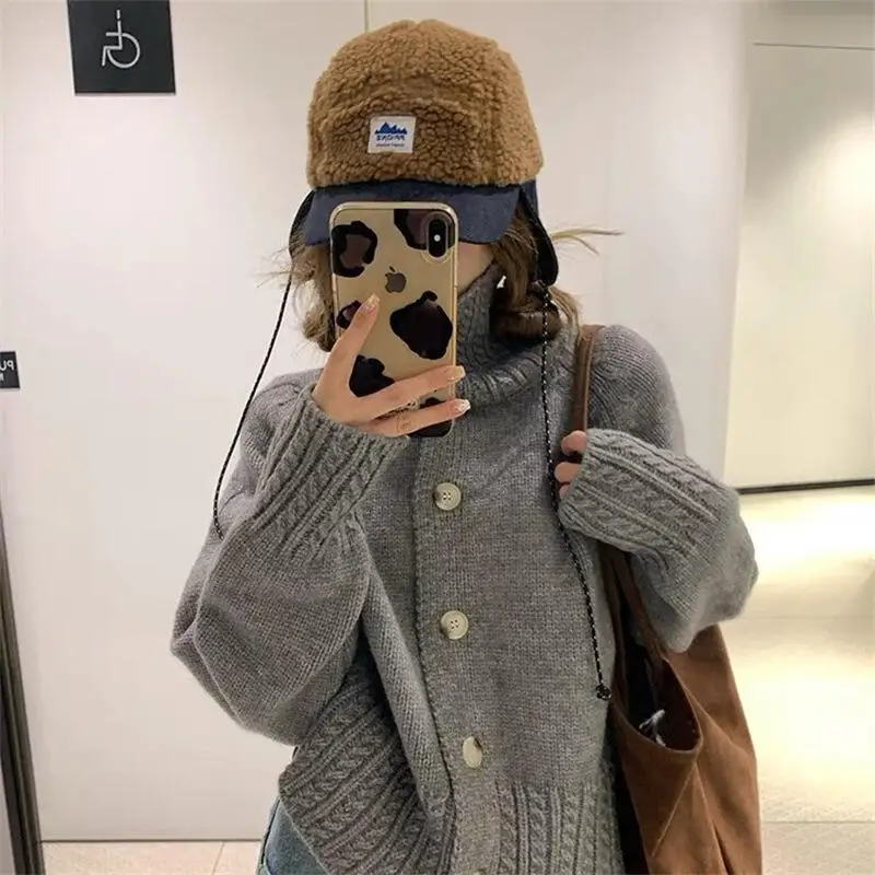 Pink High Collar Knitted Sweater Cardigan Women's Jacket Solid Knitted Top Twists Sleeve Knitwear Korean Version Autumn Winter