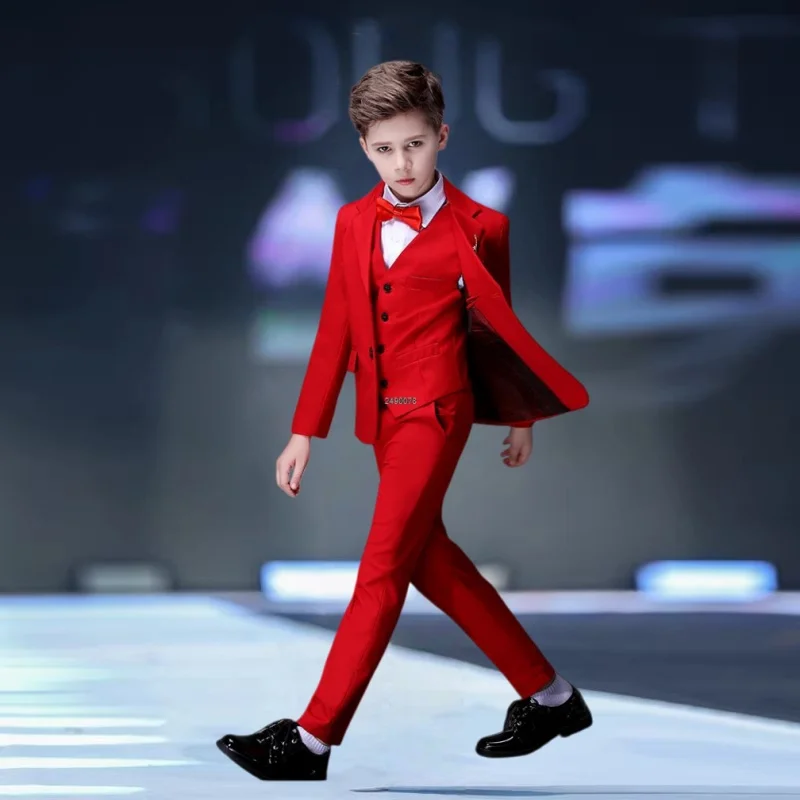Flower Boys Red Wedding Suit Kids Photograph Suit Teenager Birthday Party Tuxedo Dress Children Graduation Stage Show Costume