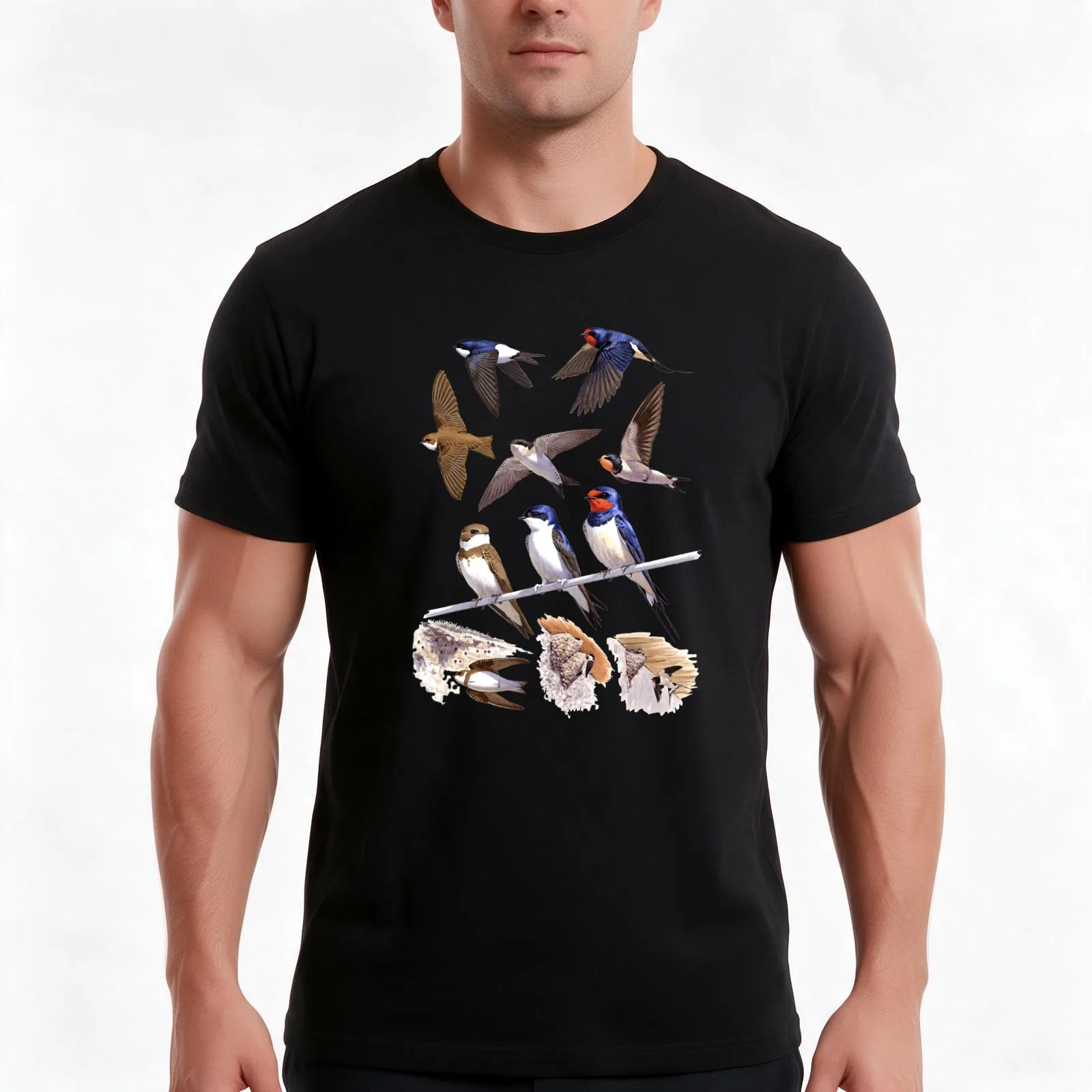 Swallows and Martins T-Shirt, Summer Casual Cotton Tee, Oversized Streetwear Tops, Vintage Graphic Print, Loose Fit Short Sleeve