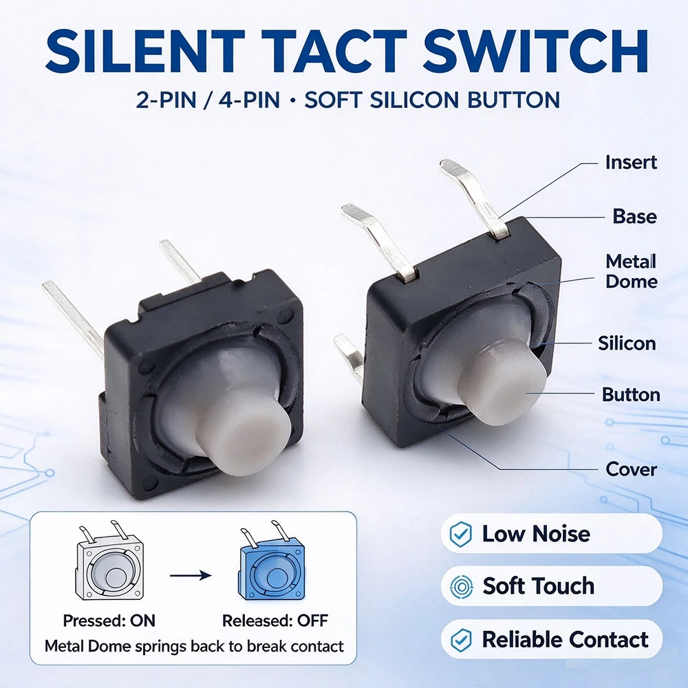 1000PCS TS-F003/004 Silent Silicone Tact Push Button Switch 8X8x5mm 2/4Pin Micro Key Power Tactile Switches 8*8*5MM