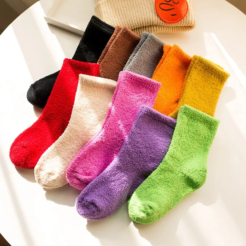 1Pair Winter Sweet Cute Candy Solid Color Soft Warm Thicken Coral Fleece Cotton Baby Middle Tube Socks for Children Boys Girls