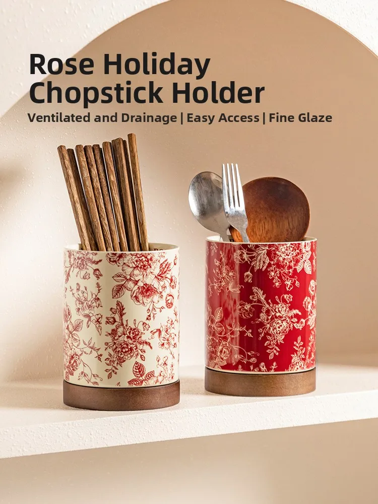 

Modern Housewife Rose Holiday Ceramic Draining Spoon Chopsticks Holder Storage Box High End New Style Chopsticks Bucket
