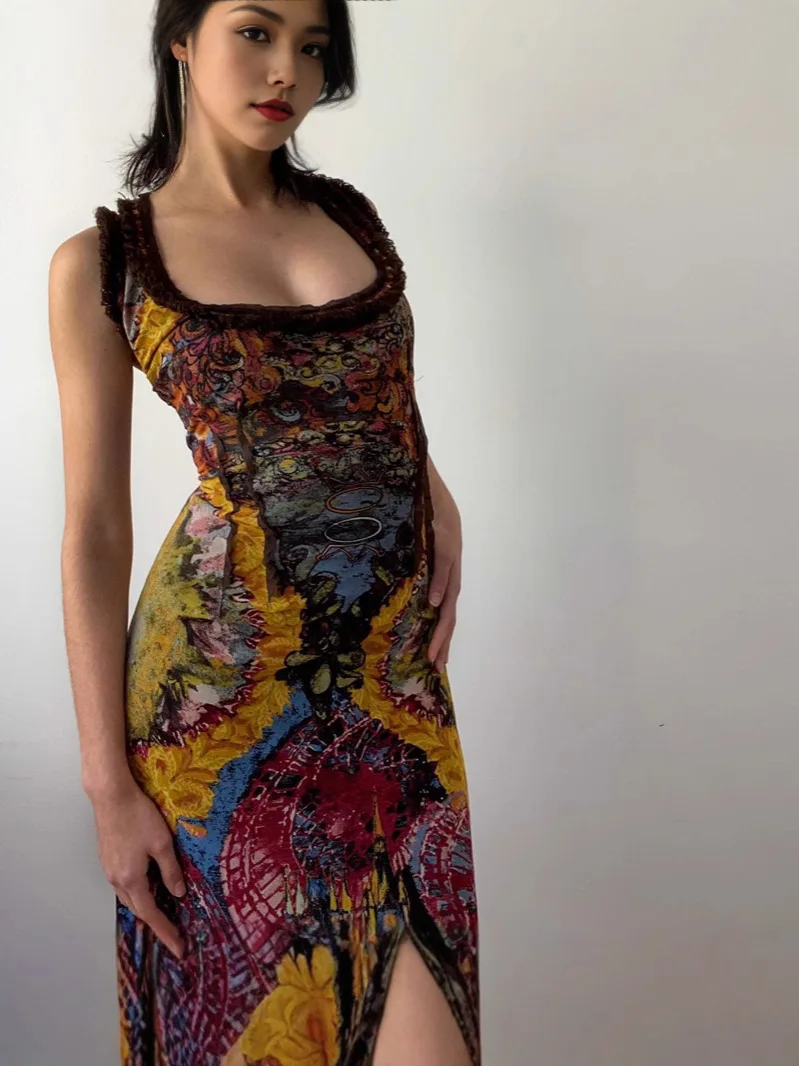 Women's Vintage Oil Painting Print Bodycon Dress Sexy Backless Cut-out Maxi Skirt Slim Fit Slip Dress