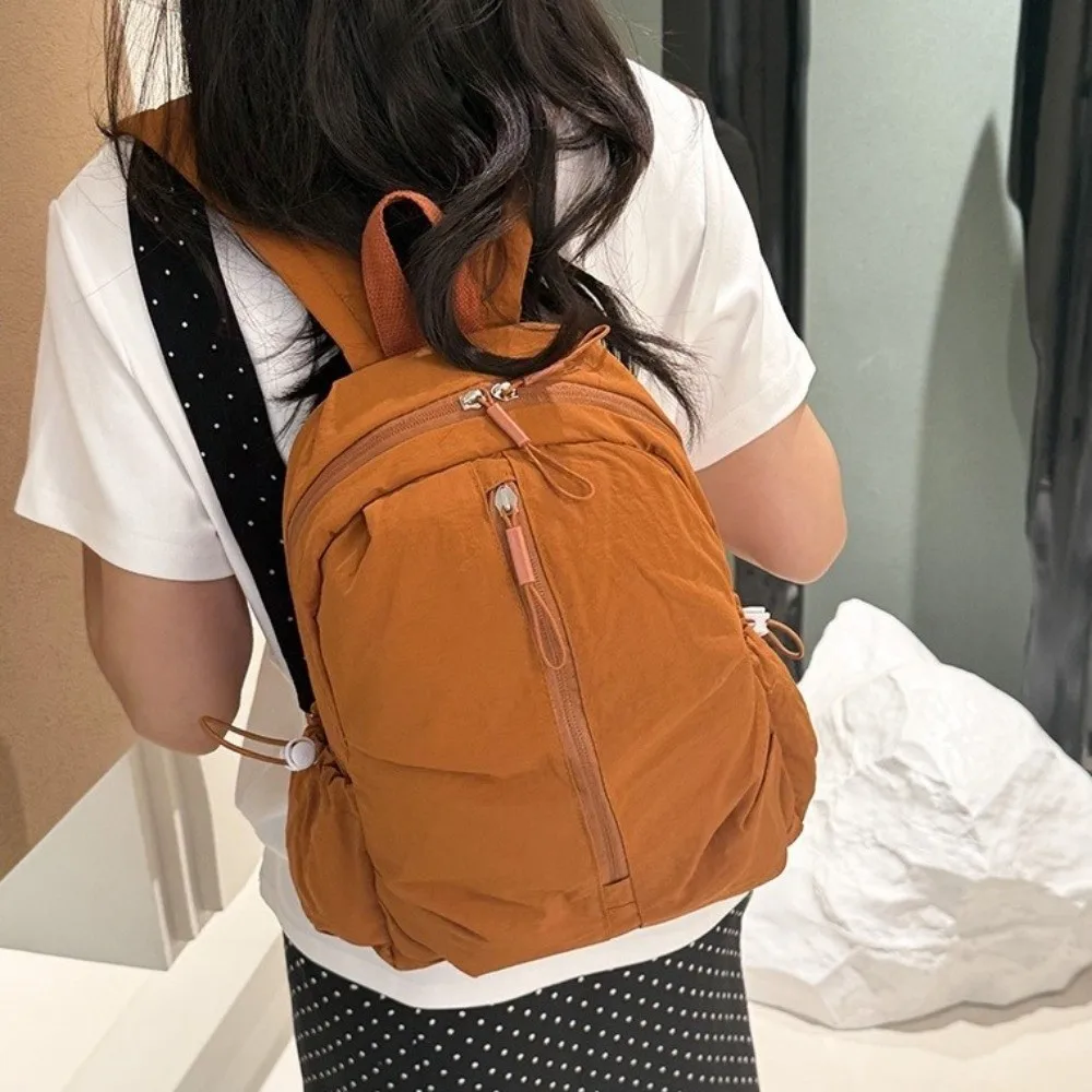 Casual Pleated Nylon Backpack Solid Color Lightweight Rucksack Large Capacity Durable Student School Bag Gift