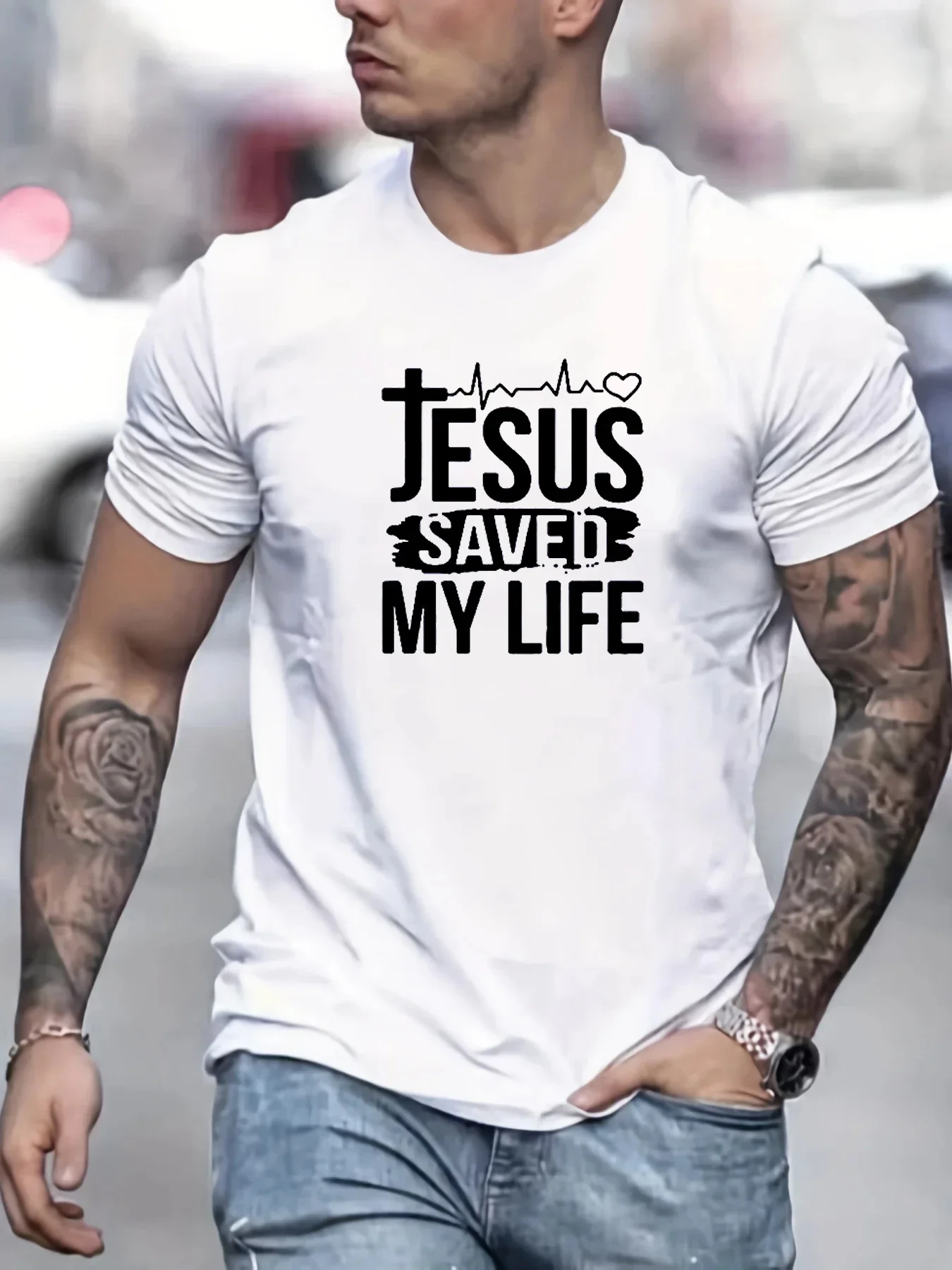 

Summer New Men's 100% cotton Casual Loose T-shirt JESUS saved my life Printed round neck Short sleeve T-shirt top