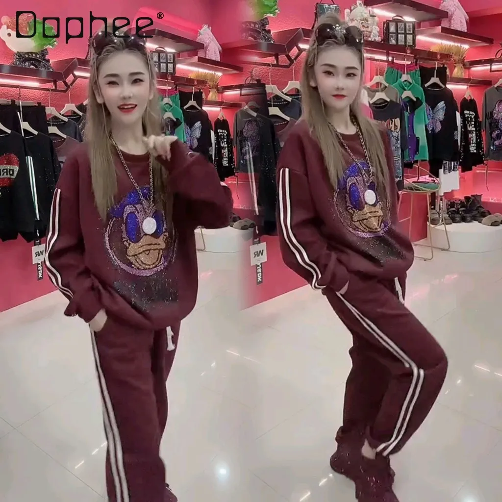 Heavy Industry Cartoon Hot Diamond Cartoon Round Neck Pullover Sweatshirt Autumn New Loose Hoodie Top and Pants Two-piece Sets