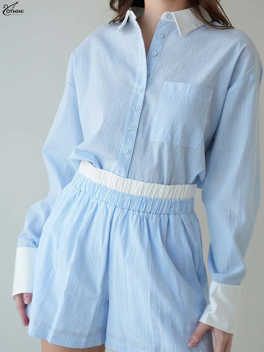 Oymimi Fashion Blue Patchwork Women's Two Pieces Set Elegant Long Sleeve Pockets Button Shirts And High Waist Shorts Female Sets
