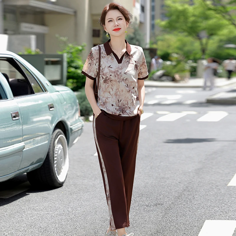 

Summer Ice Silk Casual Sportswear Set for Middle-Aged Mothers ort Sve Loose Fit Faionable Two-Piece Suit Polyester Blend