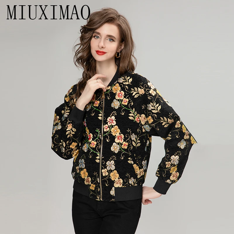 

MIUXIMAO 2023 Office Lady Fall Jacket Casual Full Sleeve Diamonds 3D Flower Black Jacquard Casual Jackets for Women