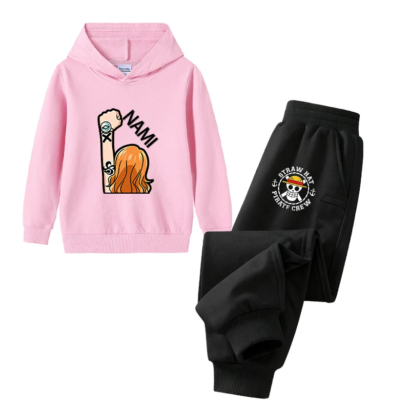 ONE PIECE LUFFY BOY Hooded Sweatshirt 2pcs Set Anime Clothes Suit Children Cartoon Pullover Sweatshirt Fashion Kid Clothing Tops 4