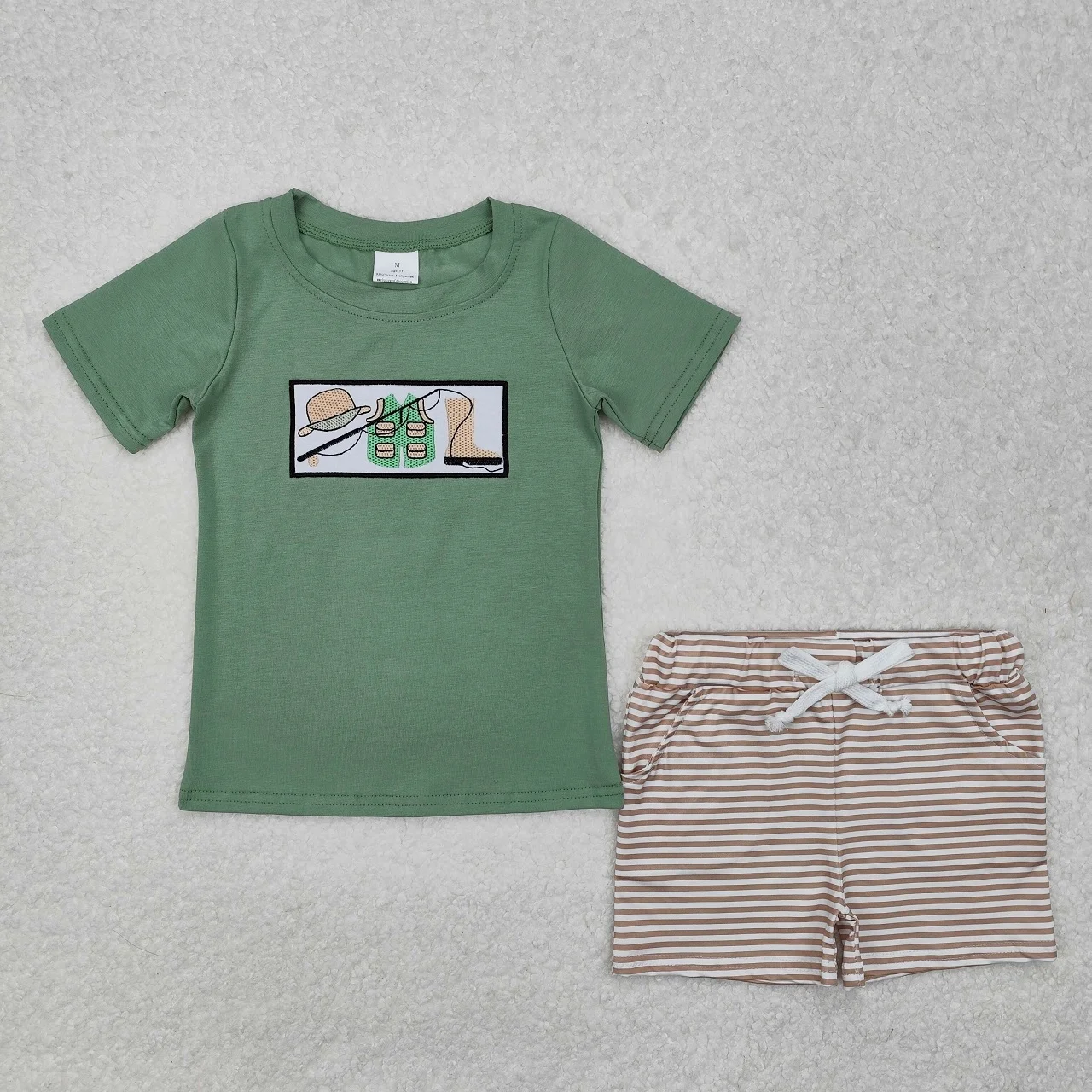 Wholesale Kids Baby Boy Set Short Sleeves Cotton Embroidery Fishing T-shirt Toddler Infant Stripes Pocket Shorts Children Outfit