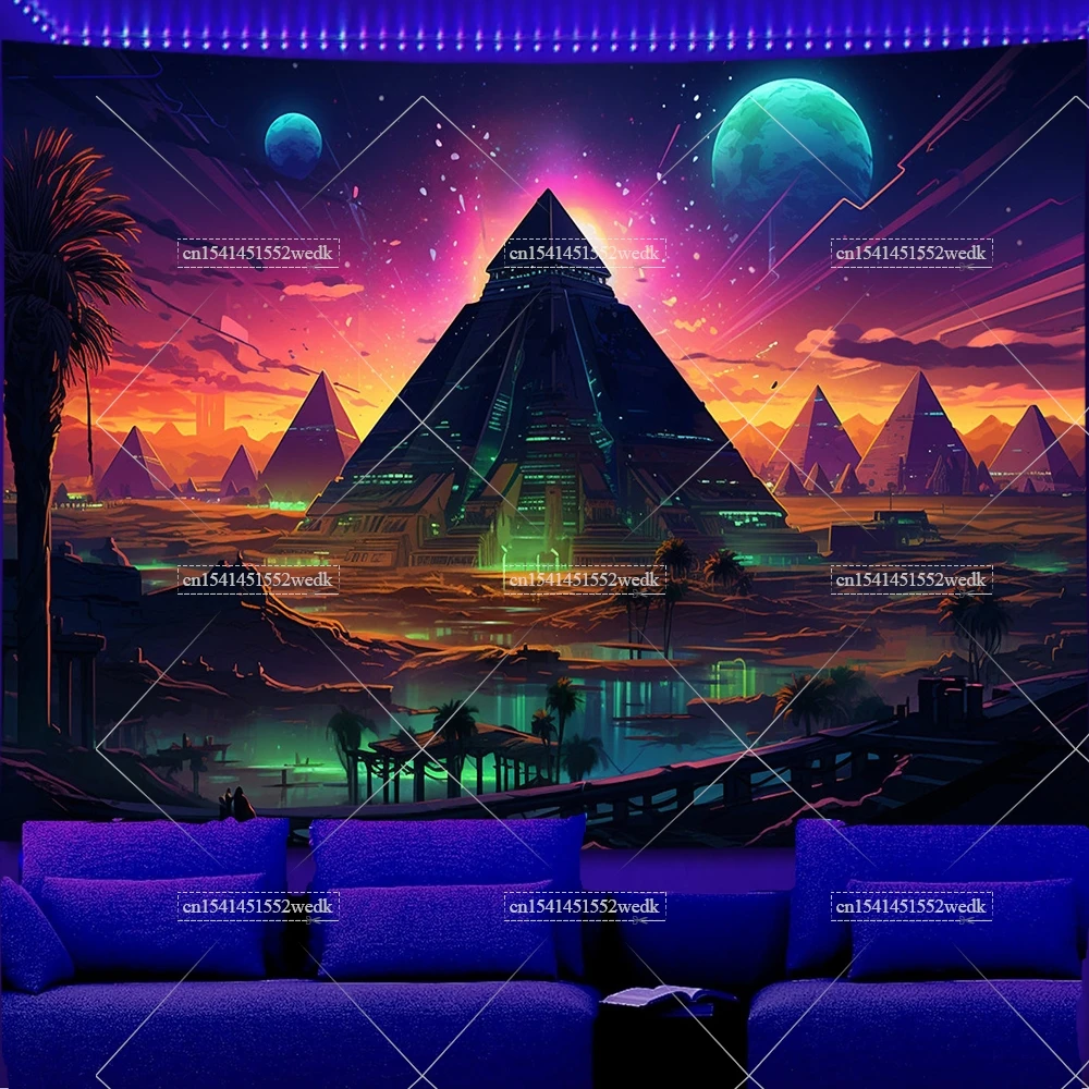 Pyramid Temple Egypt Atlantis Blacklight Tapestrys UV Reactive Mounatins Moon Luminous Tapestrys Neon Fluorescent Backdrops