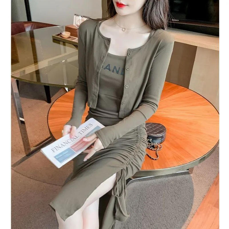 2024 Autumn New Long Sleeve Cardigan Letter Printed Slim Fit Drawstring Split Strap Dress Two Piece Set for Women