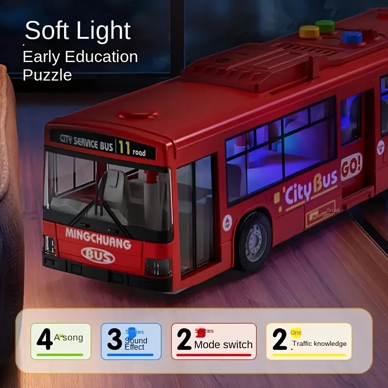 12インチシミュレーション両開きドア慣性バスプルバックモデルおもちゃの車、ライトと音楽付き、男の子と女の子の教育ギフトに最適