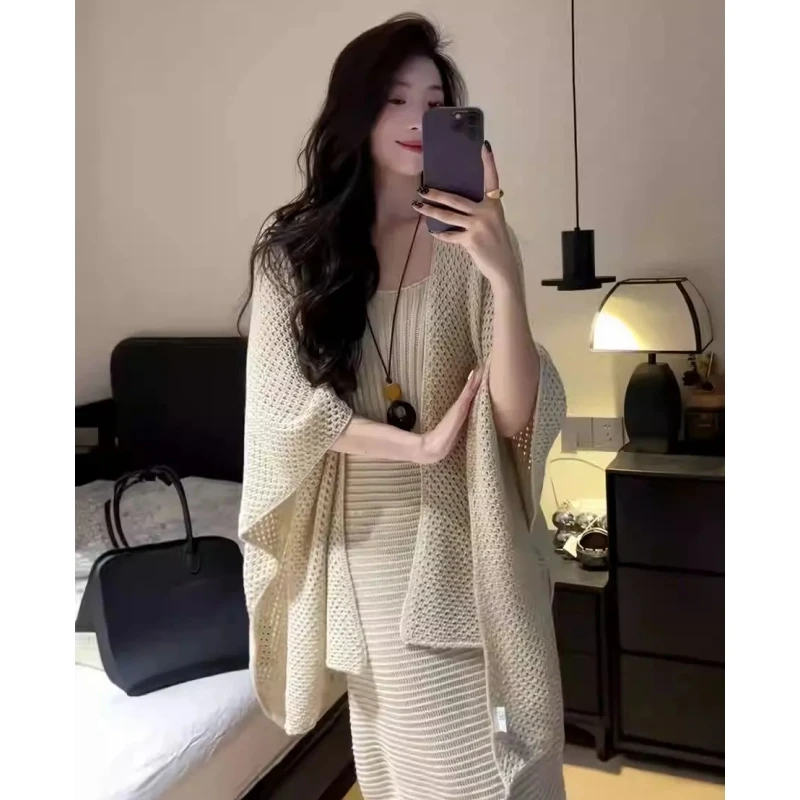 

Женское весенне-осеннее вязаное платье без рукавов с шалью и короткими рукавами, комплект из двух предметов, женский изящный однотонный свитер, пальто, платья-майки, наряд