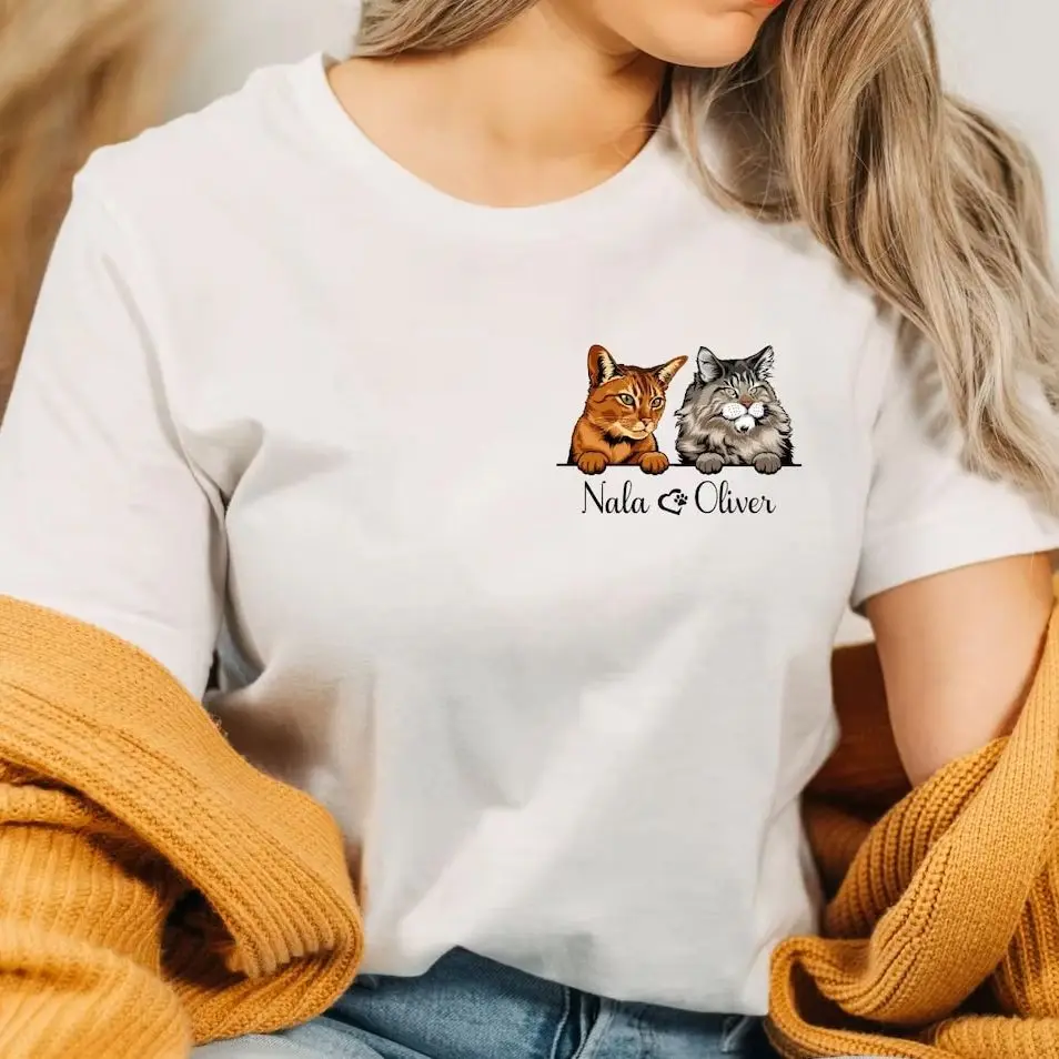 

Custom Cat Portrait Shirt Unisex Cotton Pet Image Printed Design Shirts Personalized Pet Memorial Pet Lover Birthday Gifts