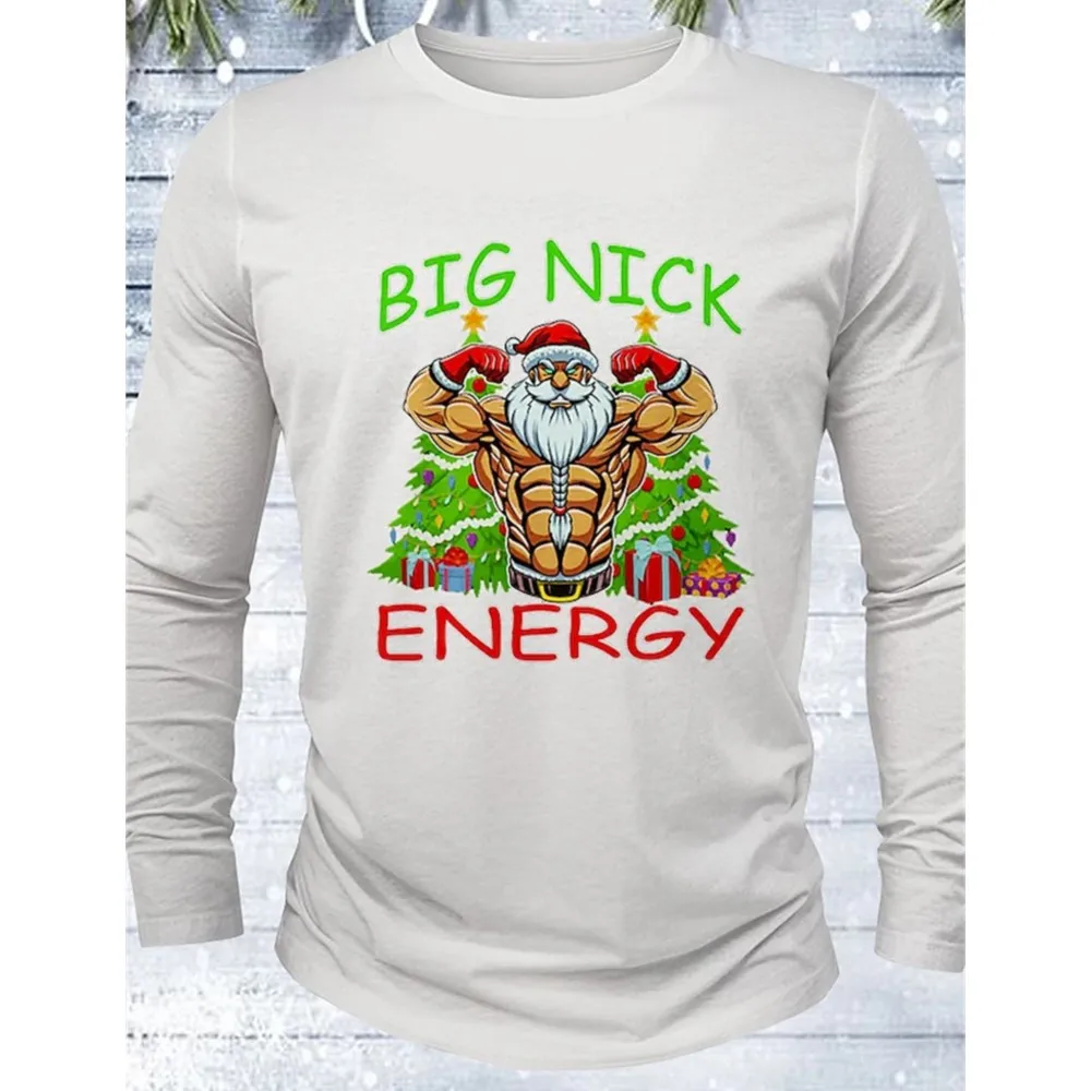 

Vintage Fun Print Men's T Shirt Santa Claus Pattern 3D Top Solid Black Long Sleeve Street Fall Long Sleeve Oversized T Shirt 5XL